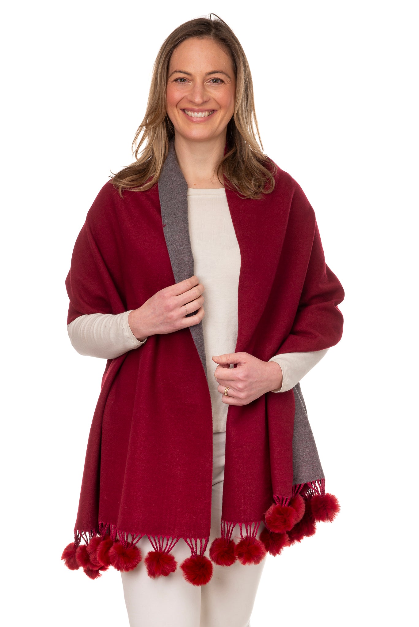 Anna FB95 Two Tone Shawl With Faux Fur Pom Pom Burgundy/Grey