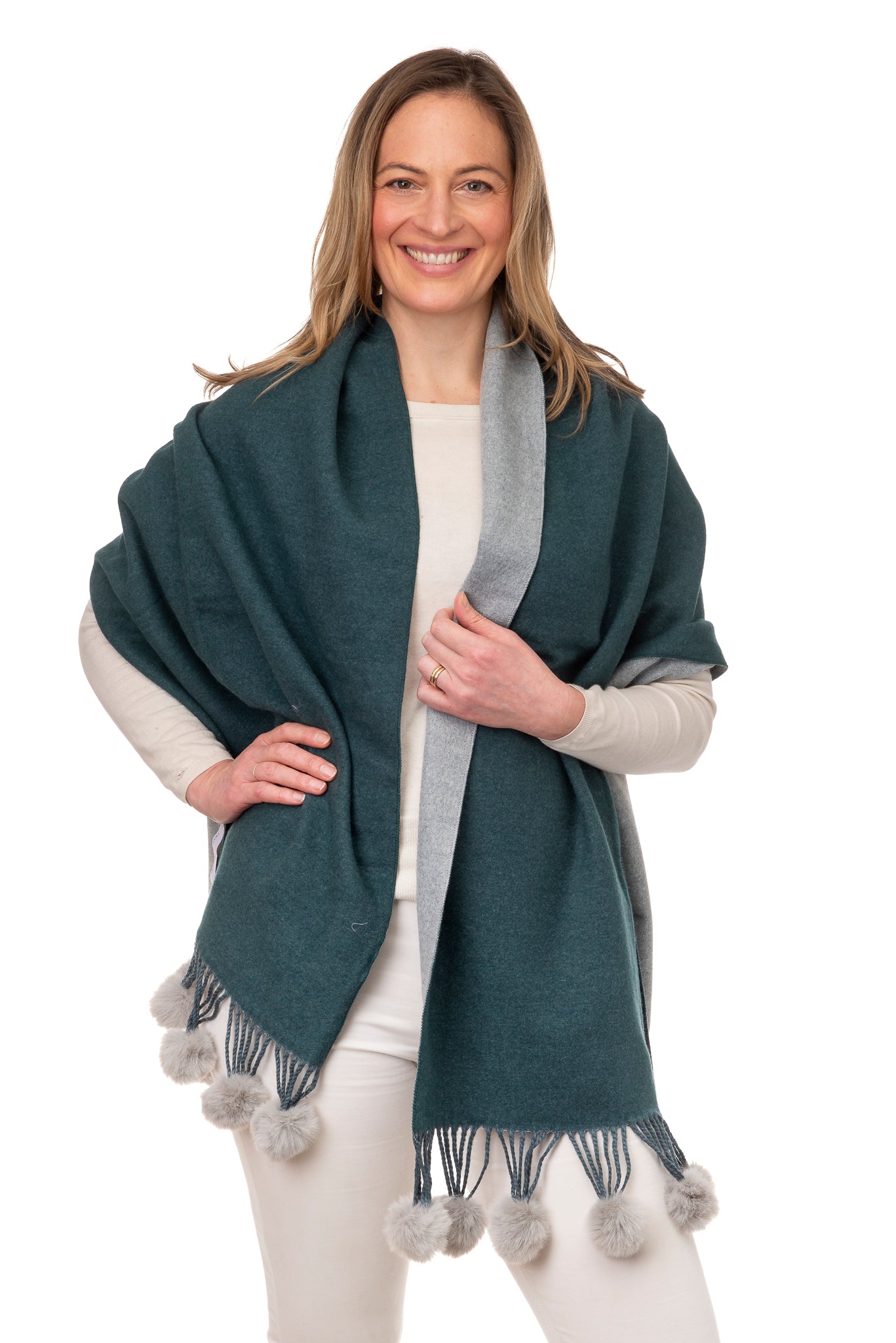 Anna FB95 Two Tone Shawl With Faux Fur Pom Pom Green/Grey