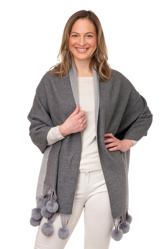 Anna FB95 Two Tone Shawl With Faux Fur Pom Pom Mid Grey/Grey