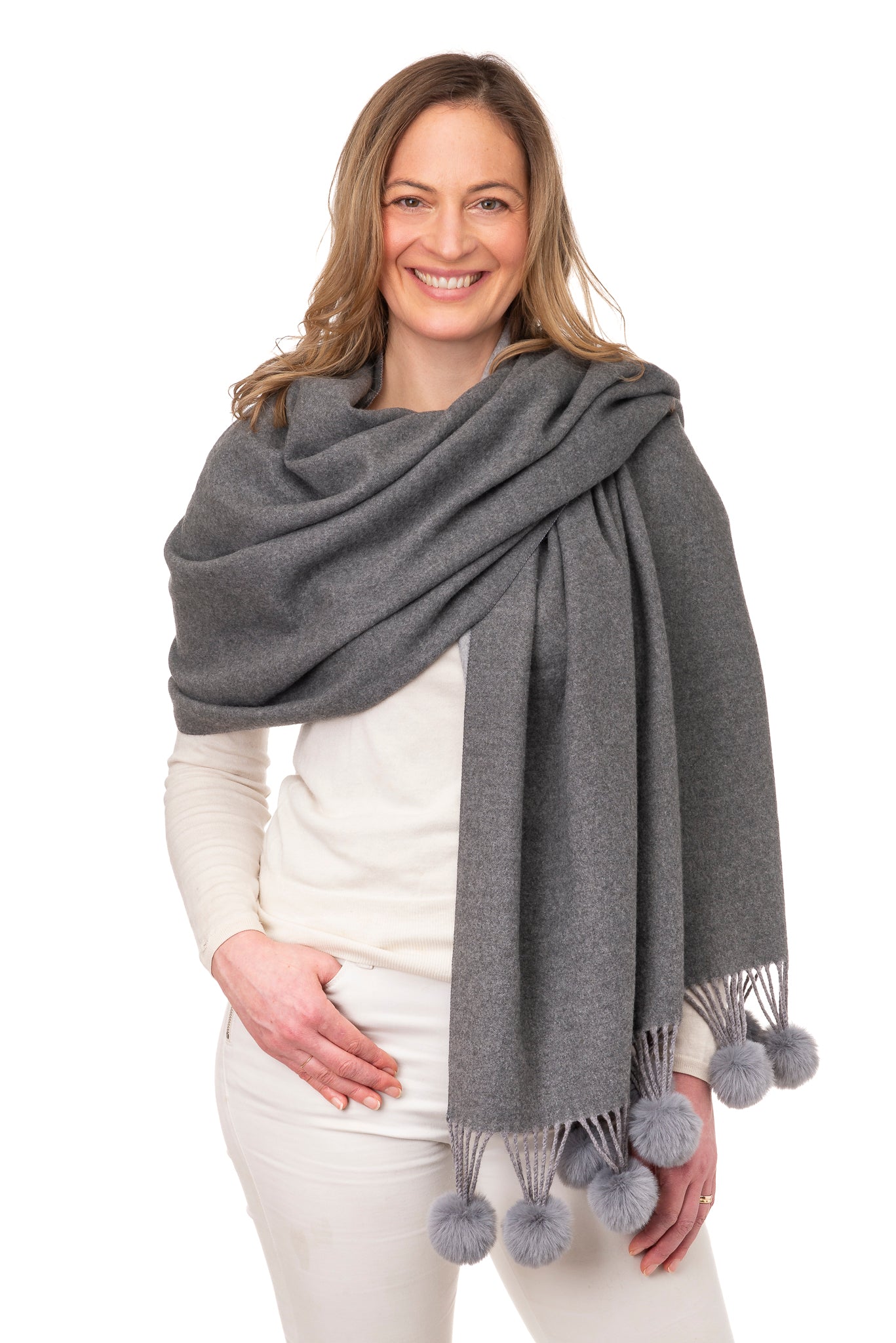 Anna FB95 Two Tone Shawl With Faux Fur Pom Pom Mid Grey/Grey