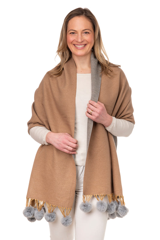 Anna FB95 Two Tone Shawl With Faux Fur Pom Pom Mocha/Grey