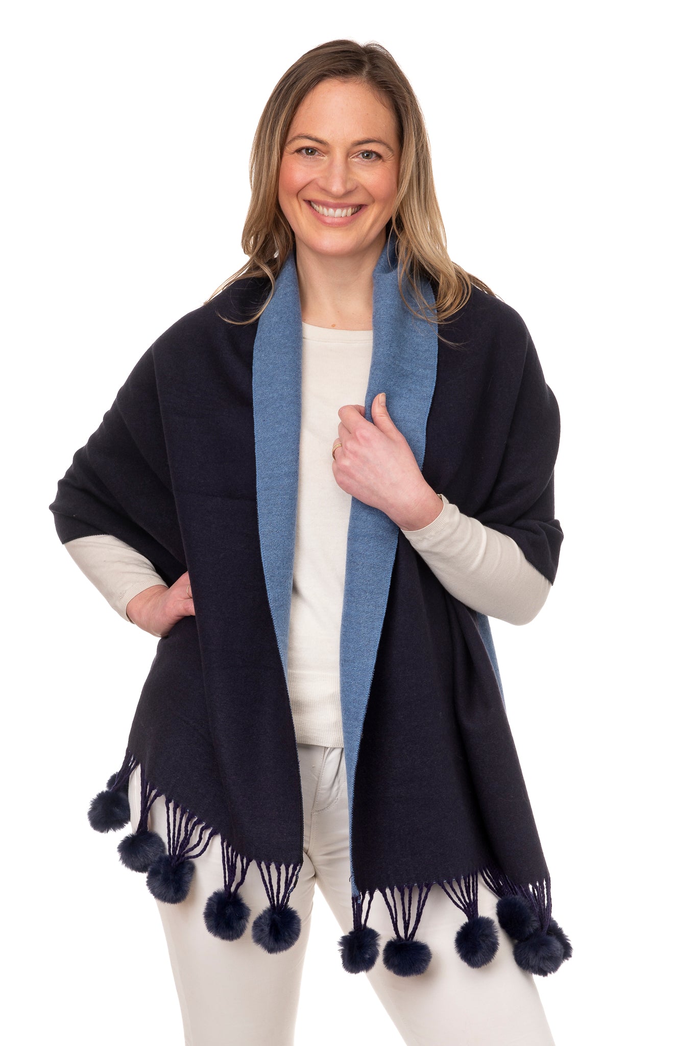 Anna FB95 Two Tone Shawl With Faux Fur Pom Pom Navy/Denim