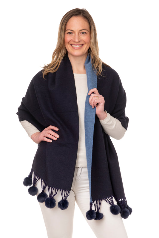 Anna FB95 Two Tone Shawl With Faux Fur Pom Pom Navy/Denim