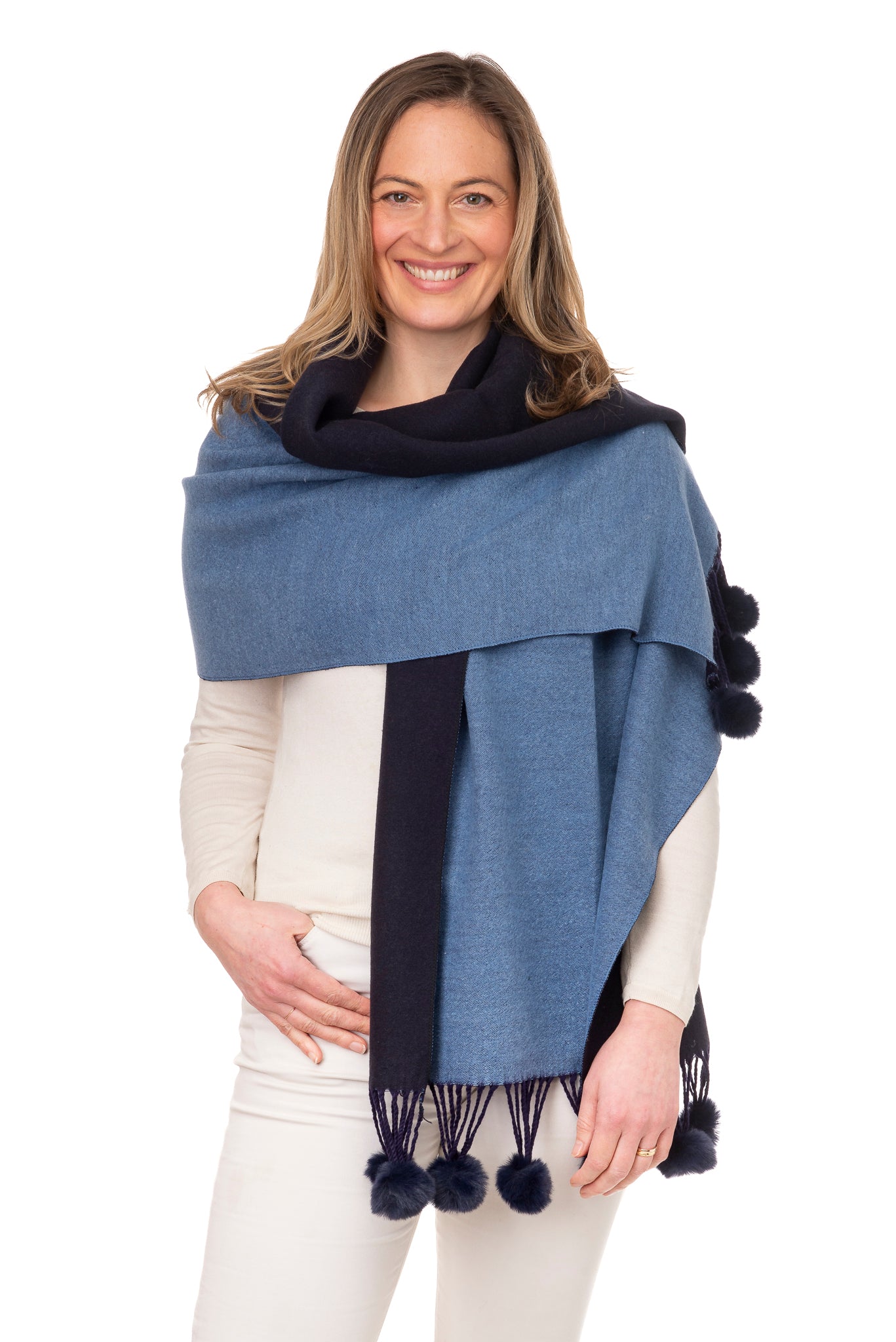 Anna FB95 Two Tone Shawl With Faux Fur Pom Pom Navy/Denim