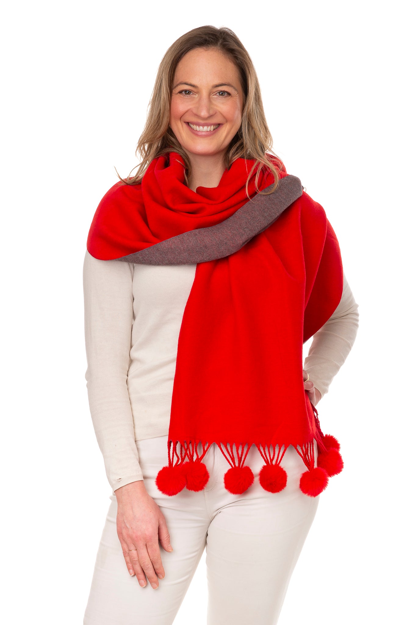 Anna FB95 Two Tone Shawl With Faux Fur Pom Pom Red/Grey