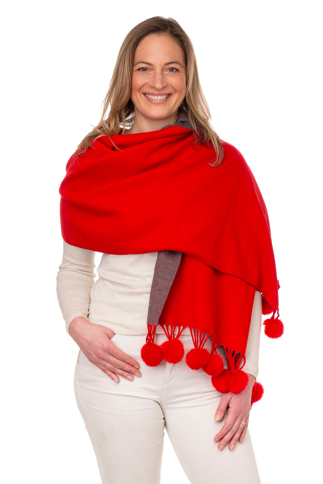 Anna FB95 Two Tone Shawl With Faux Fur Pom Pom Red/Grey