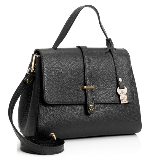 FB216 Liza Black Handbag With 2/3 Flap, Tab Detail & Back Pocket- Dollaro Leather