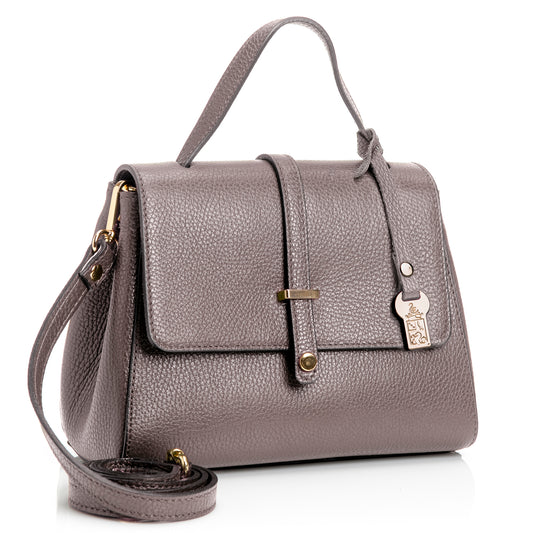 FB216 Liza Taupe Handbag With 2/3 Flap, Tab Detail & Back Pocket- Dollaro Leather