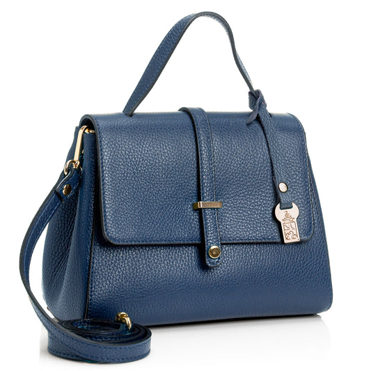 FB216 Liza Navy Handbag With 2/3 Flap, Tab Detail & Back Pocket- Dollaro Leather