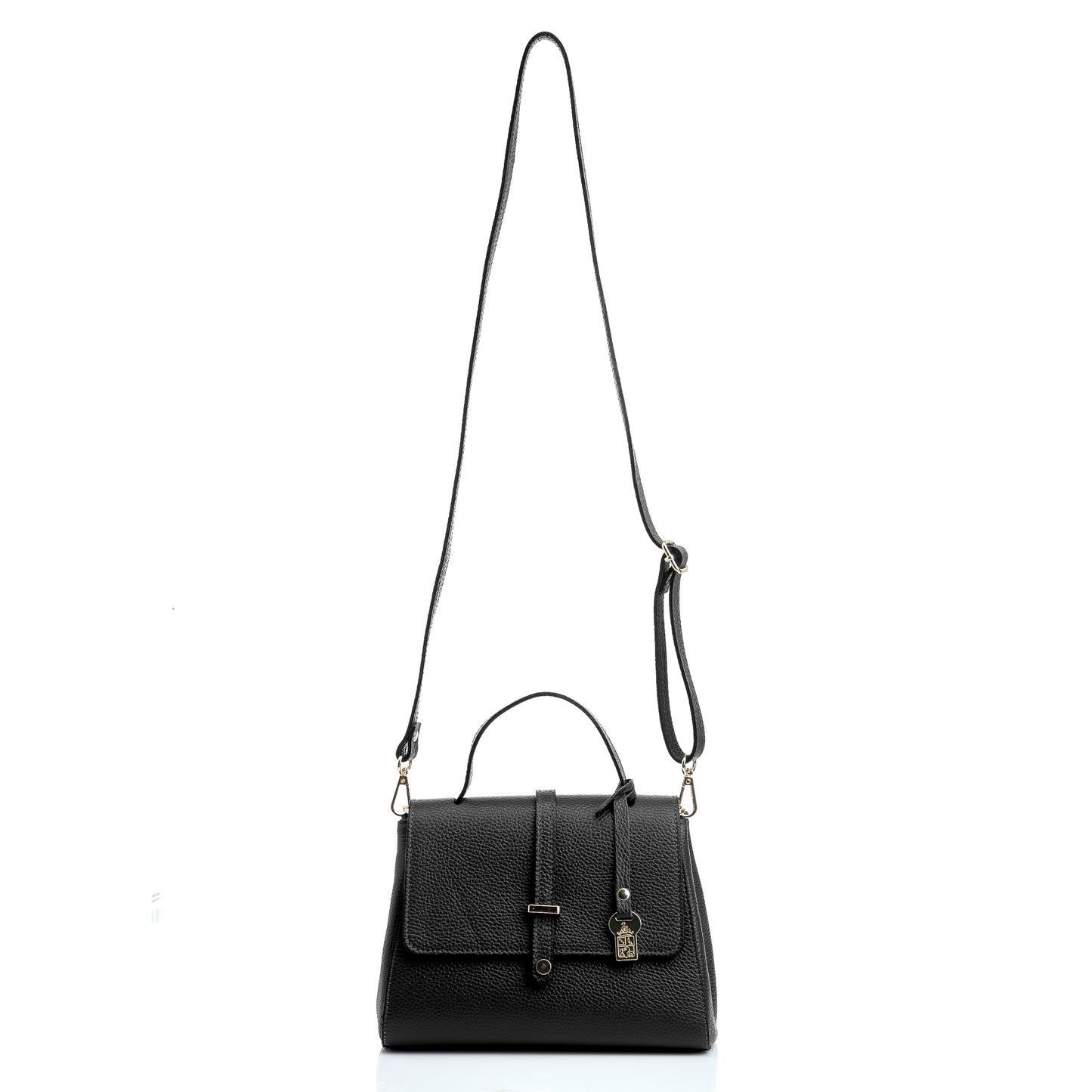 FB216 Liza Black Handbag With 2/3 Flap, Tab Detail & Back Pocket- Dollaro Leather