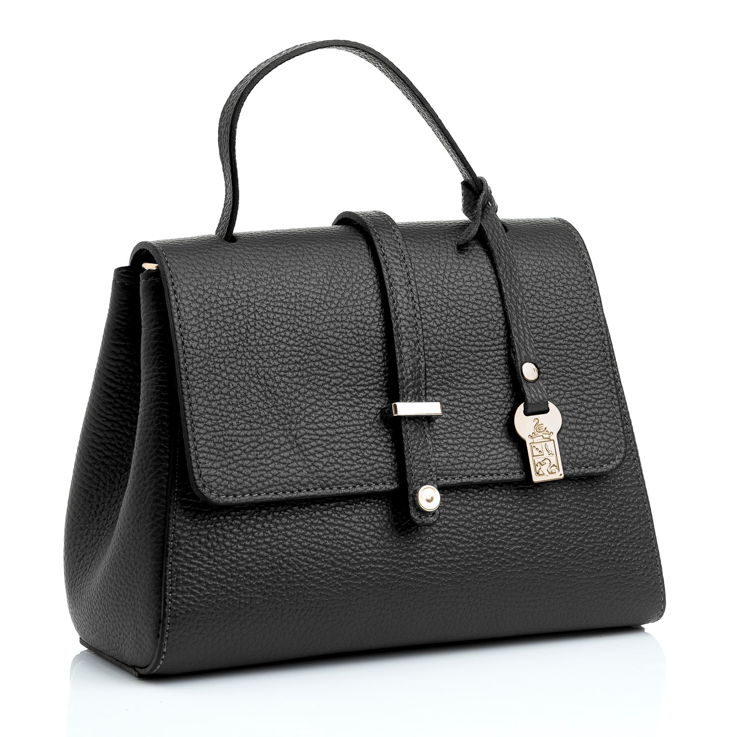 FB216 Liza Black Handbag With 2/3 Flap, Tab Detail & Back Pocket- Dollaro Leather