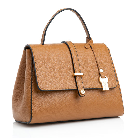 FB216 Liza Tan Handbag With 2/3 Flap, Tab Detail & Back Pocket- Dollaro Leather