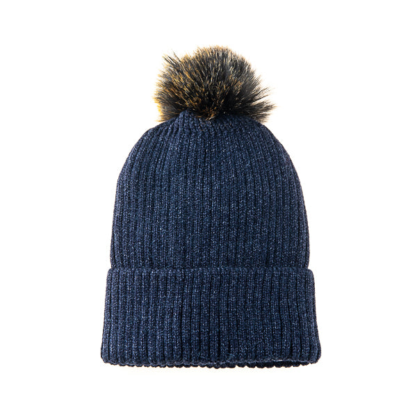 Calindra FB18 Ribbed Multi Coloured Faux Fur Pom Pom Beanie Navy/Multi Blue