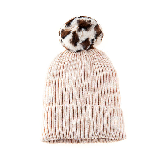 Calindra FB18 Ribbed Pom Pom Beanie Beige/Beige Leopard