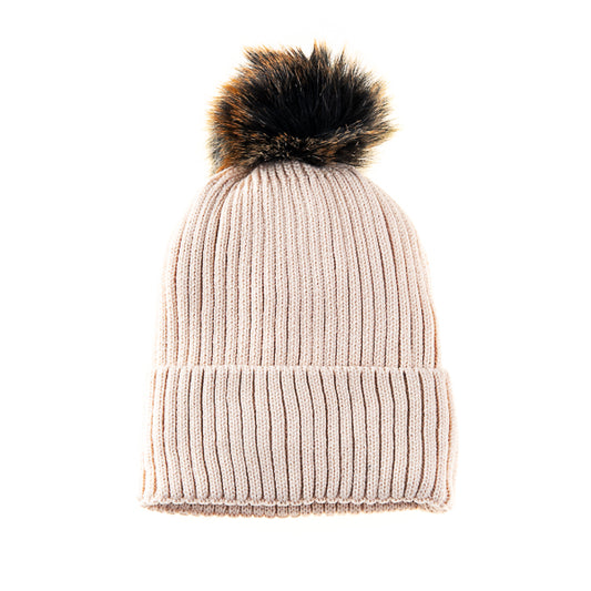 Calindra FB18 Ribbed Multi Coloured Faux Fur Pom Pom Beanie Mocha/Multi Blue