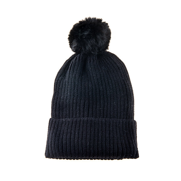 Calindra FB18 Ribbed Self Coloured Pom Pom Beanie Black
