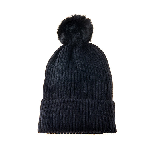 Calindra FB18 Ribbed Self Coloured Pom Pom Beanie Black