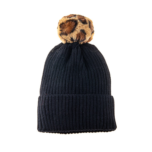 Calindra FB18 Ribbed Pom Pom Beanie Black/Brown Leopard