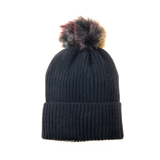 Calindra FB18 Ribbed Multi Coloured Faux Fur Pom Pom Beanie Black/Multi Blue