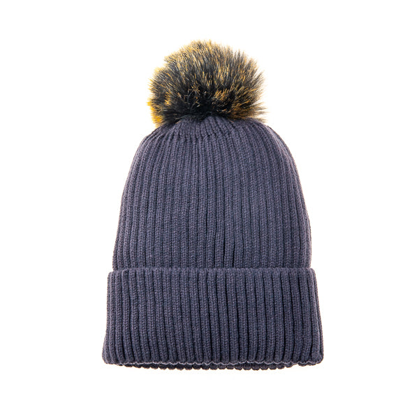 Calindra FB18 Ribbed Multi Coloured Faux Fur Pom Pom Beanie Grey/Multi Blue