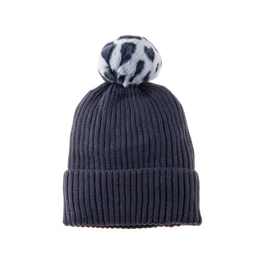 Calindra FB18 Ribbed Pom Pom Beanie Grey/Grey Leopard
