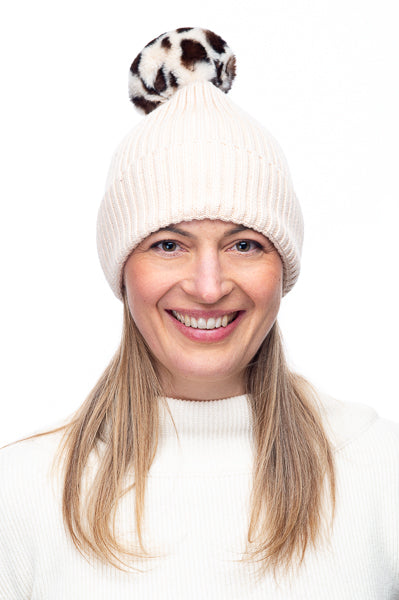 Calindra FB18 Ribbed Pom Pom Beanie Beige/Beige Leopard