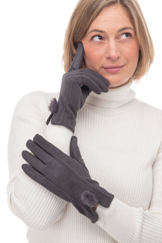 Phebe FB71 Suedette Glove - Grey With Screen Touch & Faux Fur Pom Pom