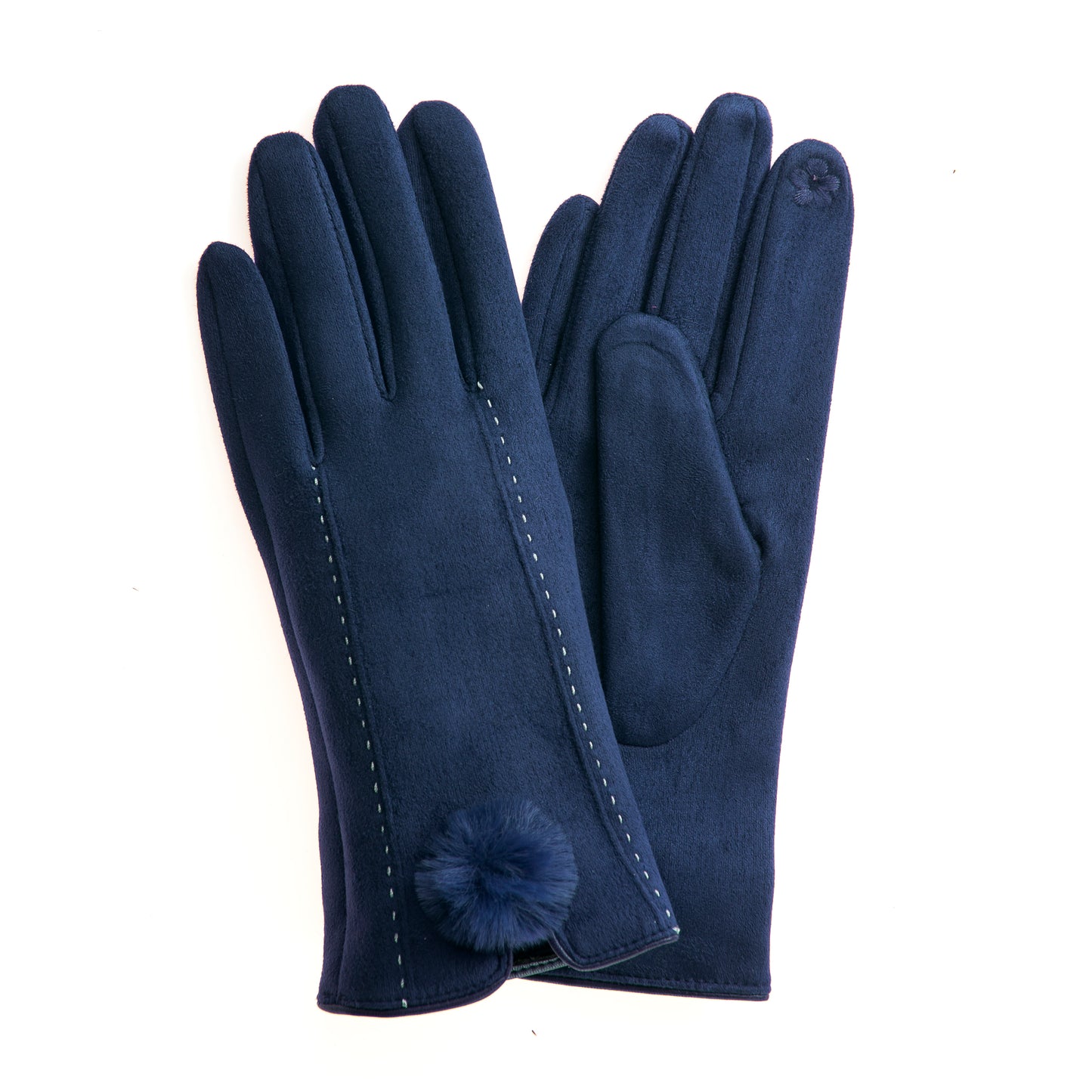 Phebe FB71 Suedette Glove -Navy With Screen Touch & Faux Fur Pom Pom