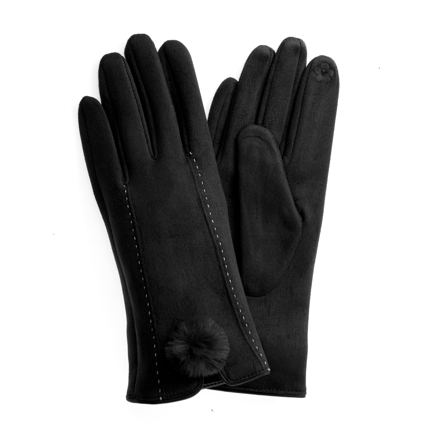 Phebe FB71 Suedette Glove -Black With Screen Touch & Faux Fur Pom Pom