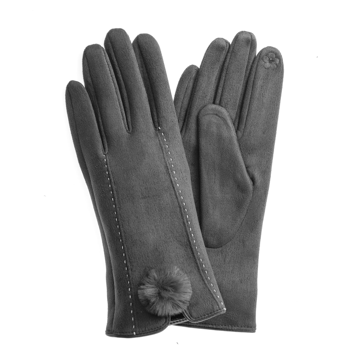 Phebe FB71 Suedette Glove - Grey With Screen Touch & Faux Fur Pom Pom