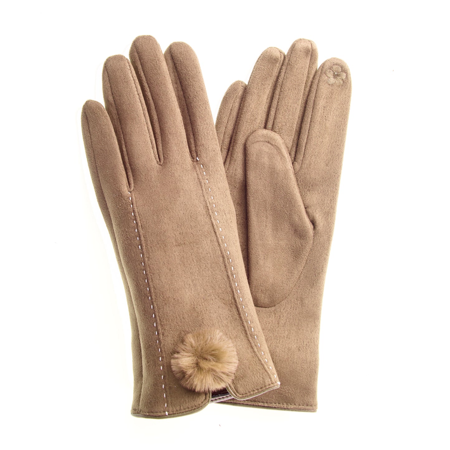 Phebe FB71 Suedette Glove -Mocha With Screen Touch & Faux Fur Pom Pom