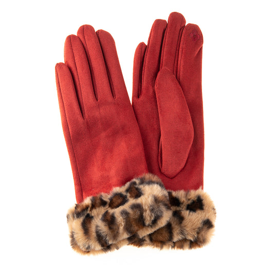 Martina FB79 Suedette Glove with Leopard Cuff Red/Brown Leopard