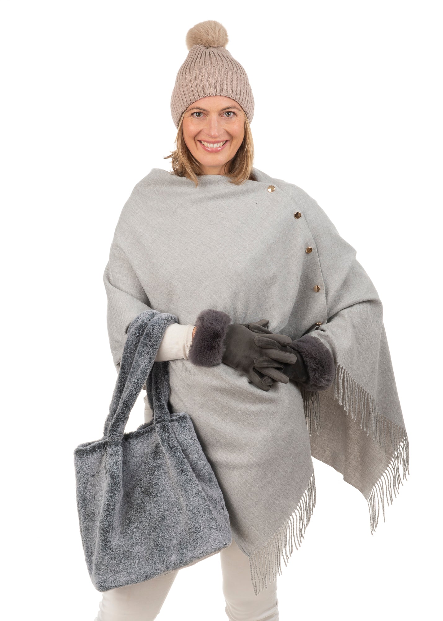 Mattea FB64 Velvet Glove Grey With Faux Fur Cuff and Screen Touch