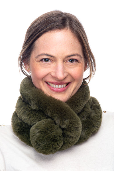 Placida FB105 Faux Fur Scarf with Large Pom Pom Olive Green