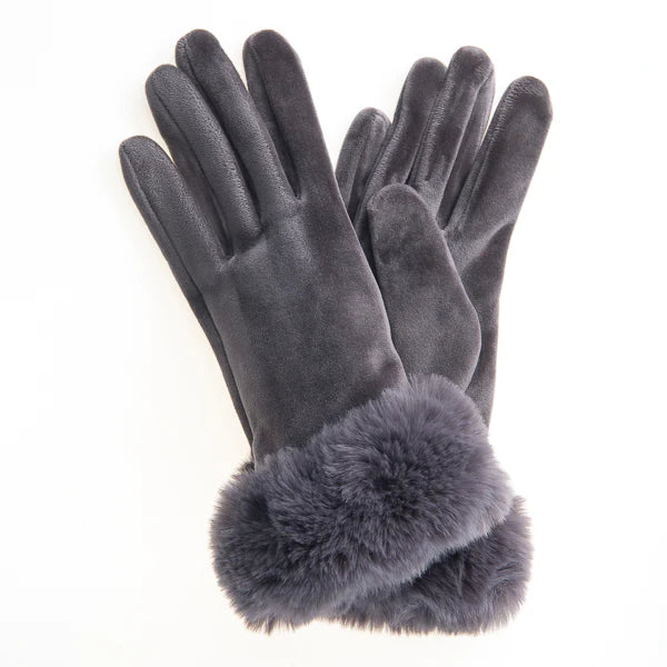 Mattea FB64 Velvet Glove Grey With Faux Fur Cuff and Screen Touch