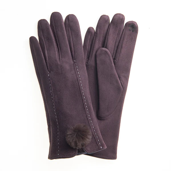 Phebe FB71  Suedette Glove -Dark Brown With Screen Touch & Faux Fur Pom Pom